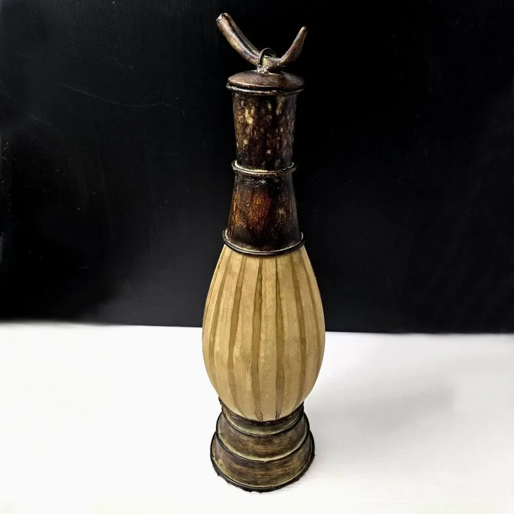 Vintage Decorative Decanter Urn Frosted Ribbed Glass & Metal w/ Horn Lid & Chain